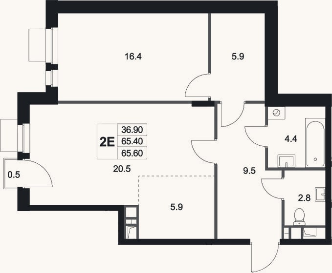 Планировка: 2-к, 65,5 м²