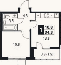 Планировка: 1-к, 32,4 м²