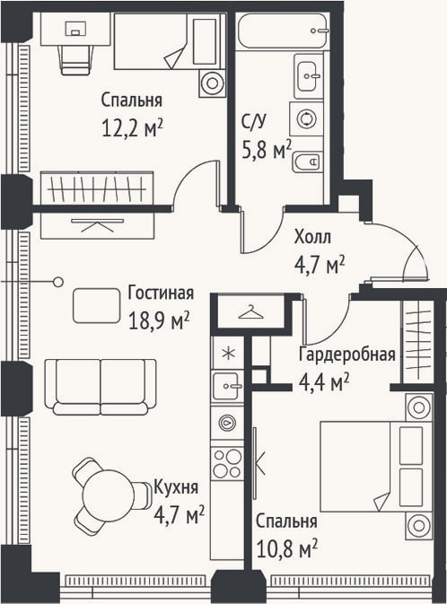 Планировка: 3-к, 61,3 м²