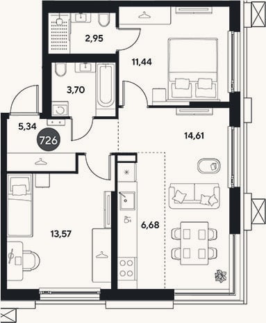 Планировка: 3-к, 57,9 м²