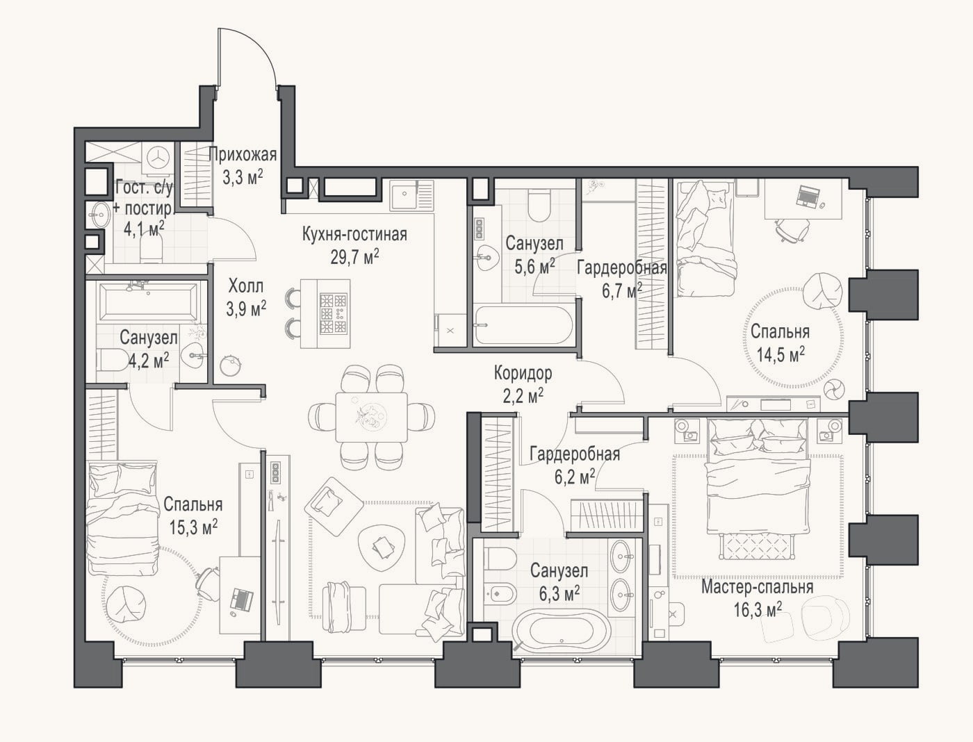 Планировка: 4+ к, 119,3 м²