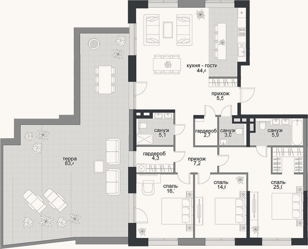 Планировка: 4+ к, 135 м²