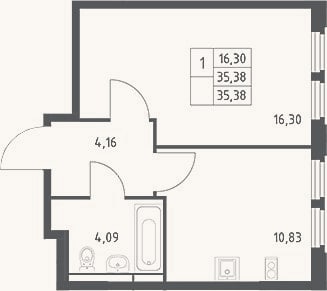 Планировка: 1-к, 35,4 м²
