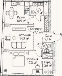 Планировка: 2-к, 61,7 м²