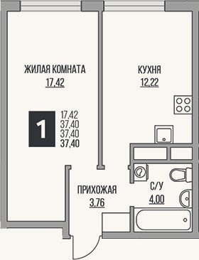 Планировка: 1-к, 37,4 м²