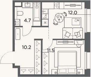 Планировка: 1-к, 38,4 м²