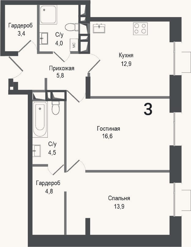 Планировка: 2-к, 65,9 м²
