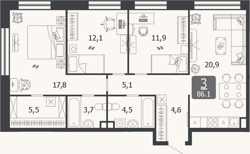 Планировка: 4+ к, 86,1 м²
