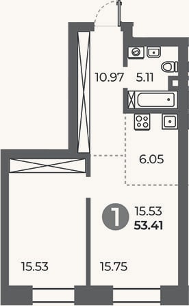 Планировка: 1-к, 53,4 м²