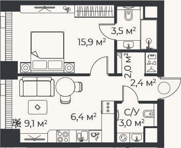 Планировка: 2-к, 42,3 м²