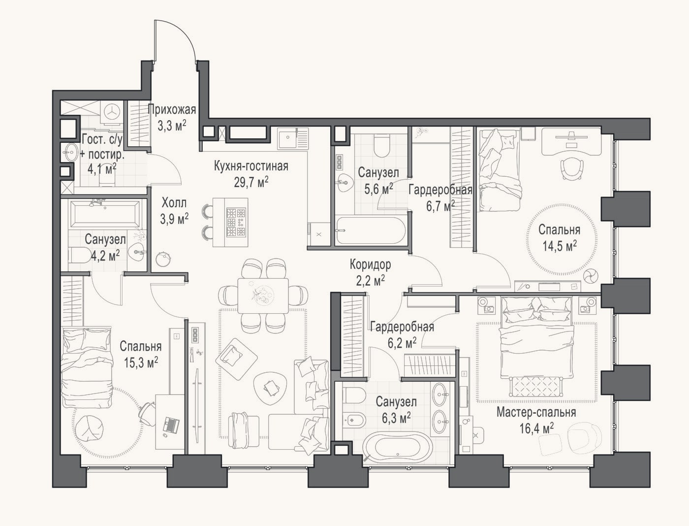 Планировка: 4+ к, 119,3 м²
