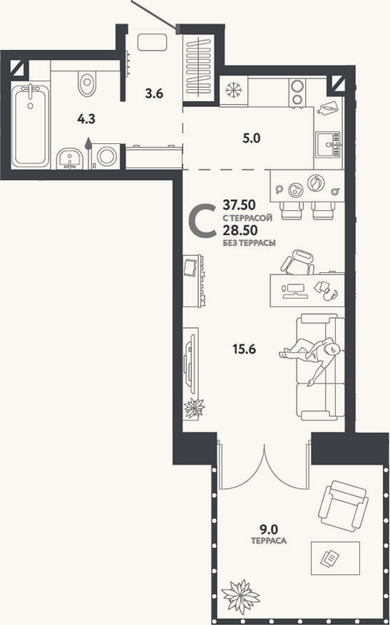 Планировка: Студия, 28,5 м²