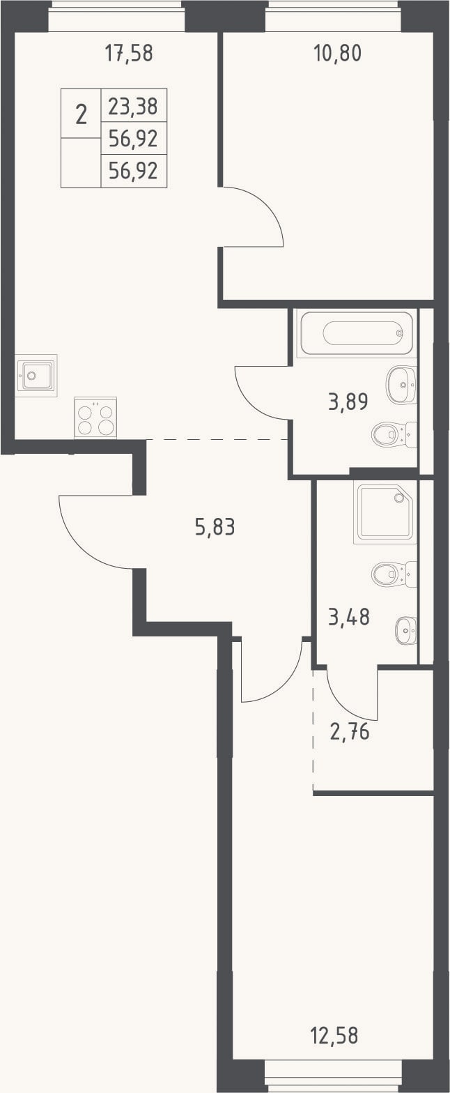 Планировка: 3-к, 56,9 м²
