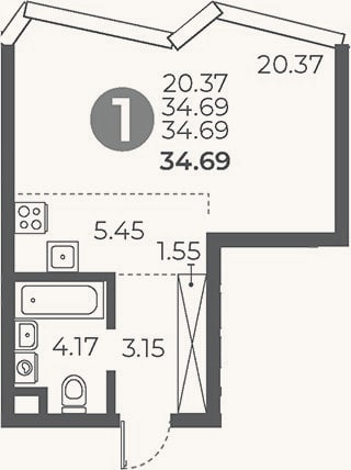 Планировка: Студия, 34,7 м²