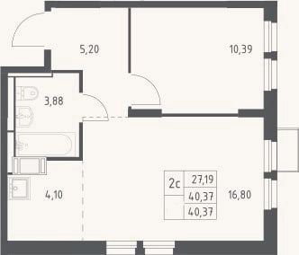 Планировка: 2-к, 40,4 м²