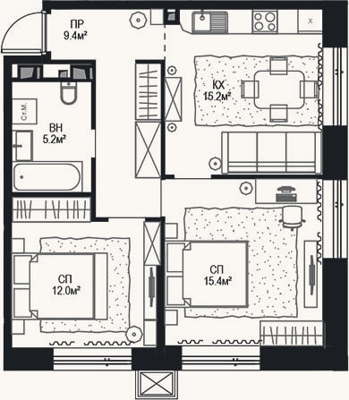 Планировка: 3-к, 57,5 м²