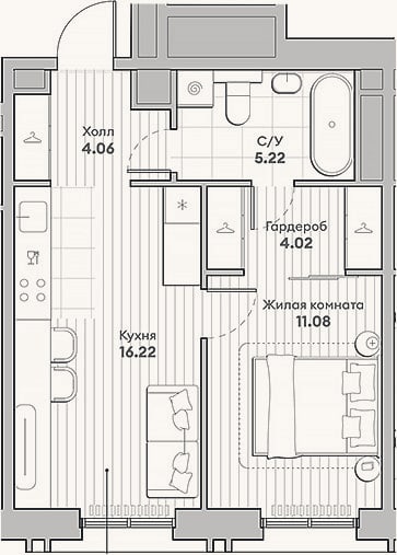 Планировка: 1-к, 40,6 м²
