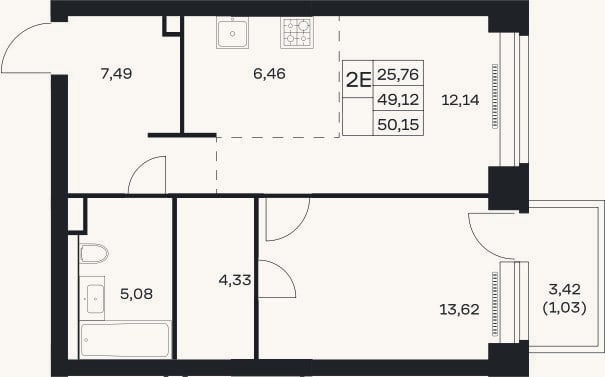 Планировка: 2-к, 49,1 м²