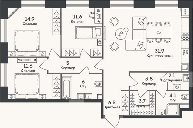 Планировка: 4+ к, 101,2 м²