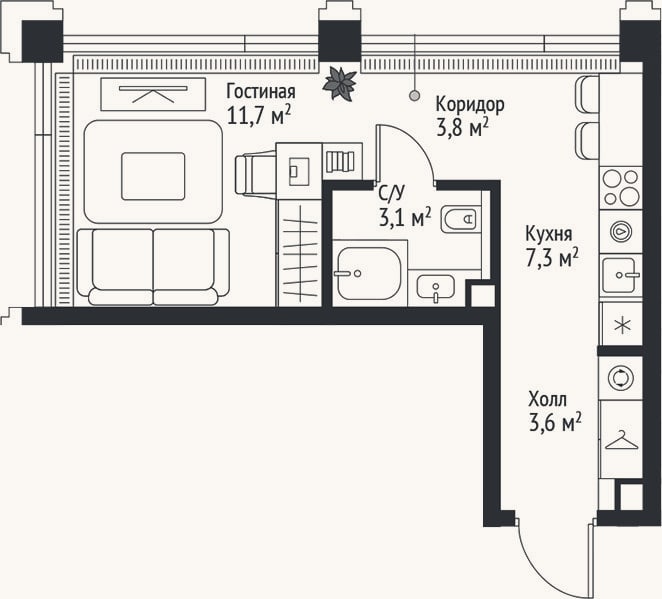 Планировка: Студия, 29,5 м²