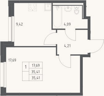 Планировка: 1-к, 35,4 м²