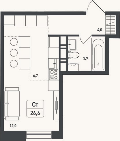 Планировка: Студия, 26,6 м²