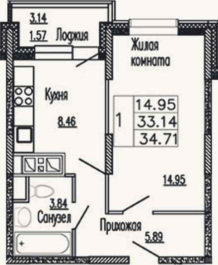 Планировка: 1-к, 33,1 м²