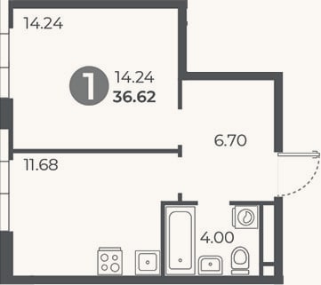 Планировка: 1-к, 36,6 м²