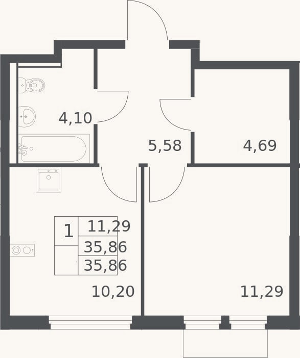 Планировка: 1-к, 35,9 м²