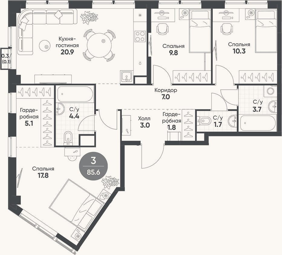 Планировка: 4+ к, 85,5 м²