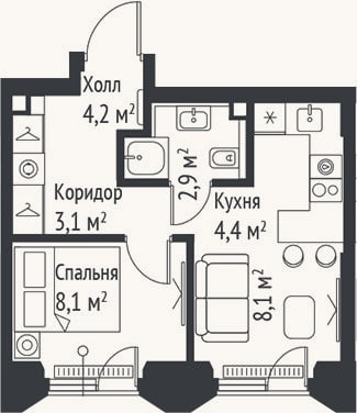 Планировка: 2-к, 30,8 м²
