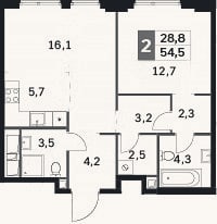 Планировка: 2-к, 54,5 м²