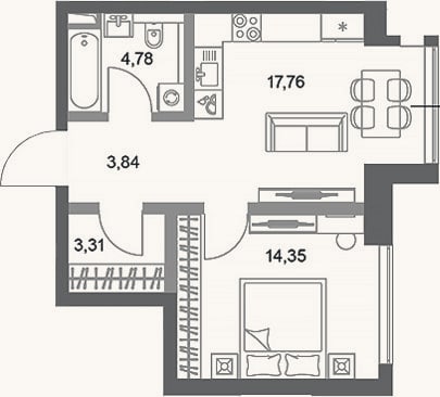 Планировка: 1-к, 44 м²
