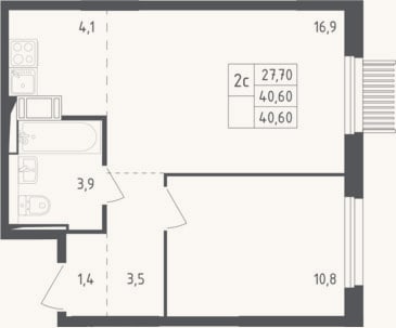 Планировка: 2-к, 40 м²