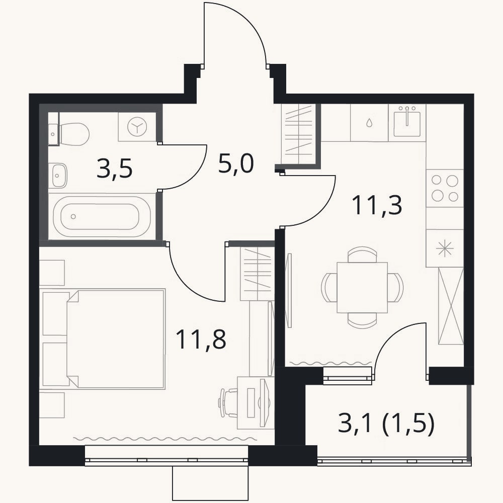 Планировка: 1-к, 31,6 м²