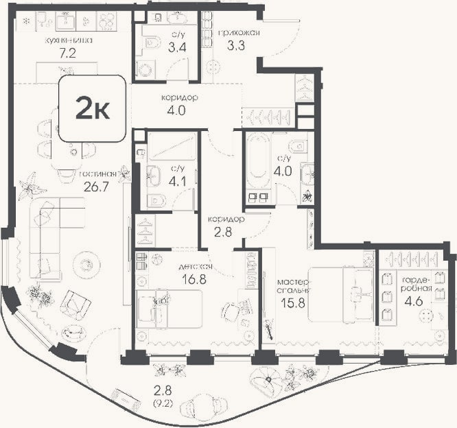 Планировка: 2-к, 92,7 м²