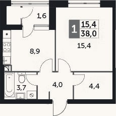 Планировка: 1-к, 37,5 м²