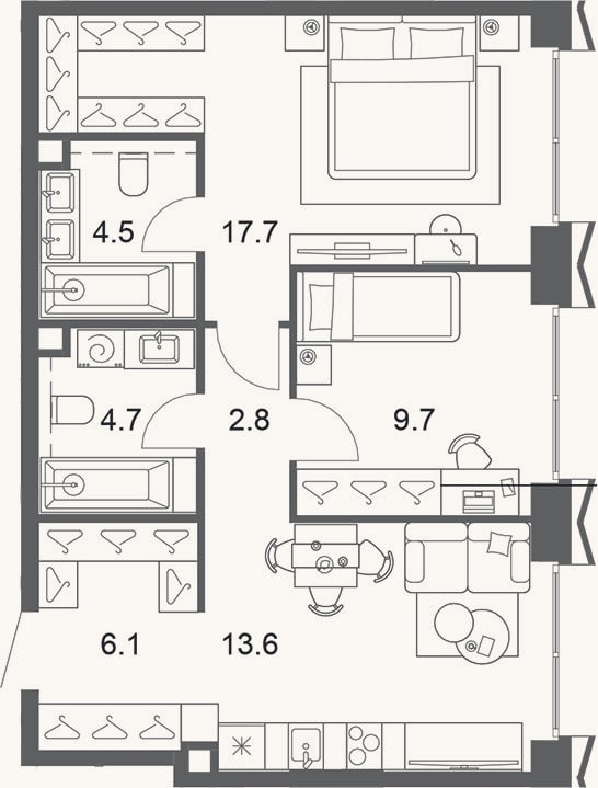 Планировка: 3-к, 60,1 м²