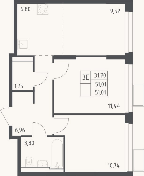 Планировка: 3-к, 51 м²