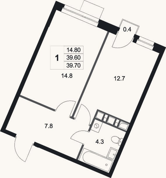Планировка: 1-к, 39,6 м²