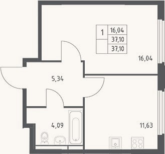 Планировка: 1-к, 37,1 м²