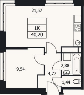 Планировка: 1-к, 40,2 м²