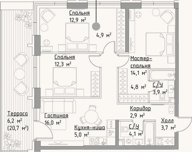 Планировка: 4+ к, 84,6 м²