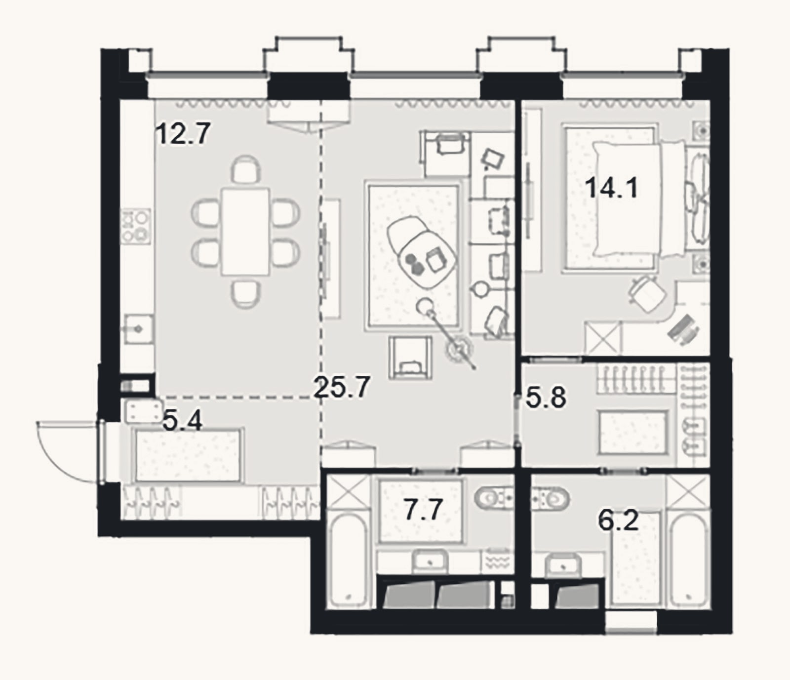Планировка: 2-к, 77,6 м²