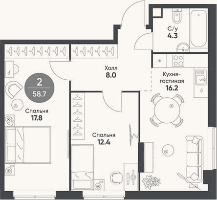 Планировка: 3-к, 58,7 м²