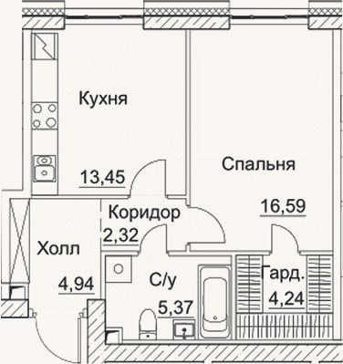 Планировка: 1-к, 46,9 м²