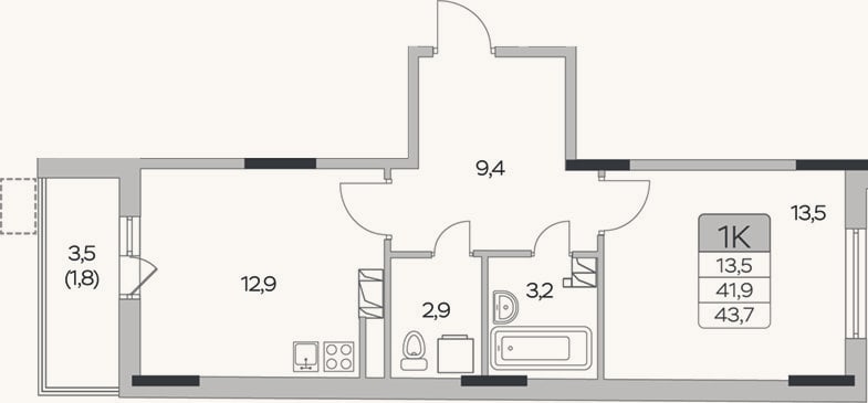 Планировка: 1-к, 41,9 м²