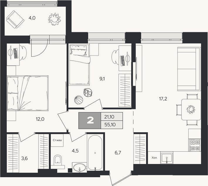 Планировка: 2-к, 53,1 м²