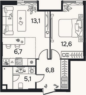 Планировка: 2-к, 44,1 м²