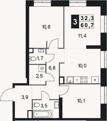 Планировка: 3-к, 60,7 м²